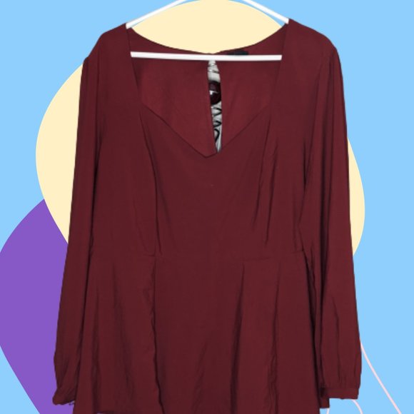 Plus Burgandy Long Sleeve Baby-Doll Blouse - Picture 3 of 4